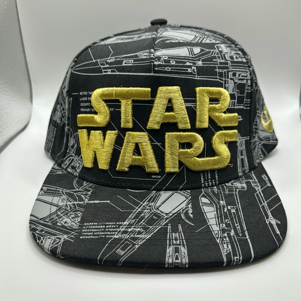 Star Wars X-Wing Blueprint Snapback Hat Cap Gold Logo Letters ThinkGeek Black
